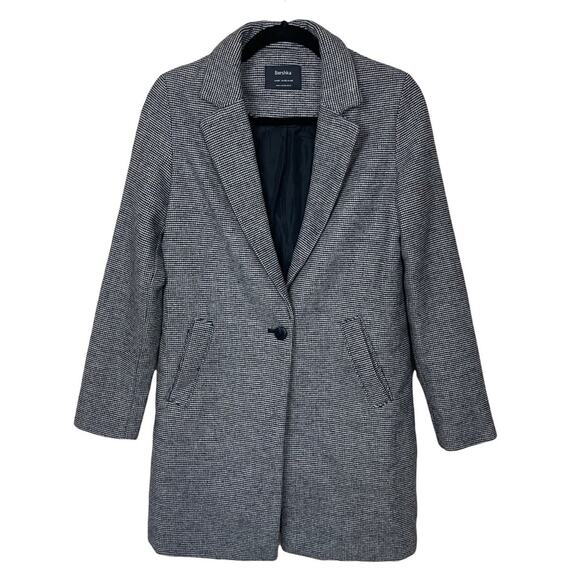 Bershka Long Sleeve Notch Collar Single Button Houndstooth Coat Black White XS - Picture 1 of 6